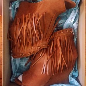 Ash tan suede fringe wedge booties